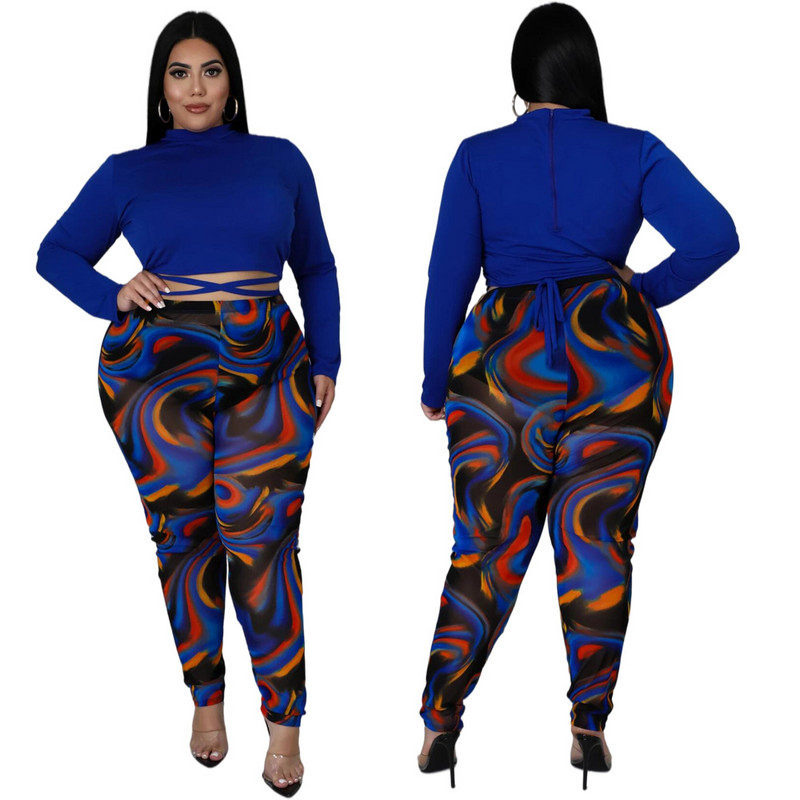 Seksikad plusssuuruses naisteriided, kaheosalised komplektid 4xl 5xl kilpkaelusega taga tõmblukk, pitsilised topid Trükipüksid tänavahipsteriided