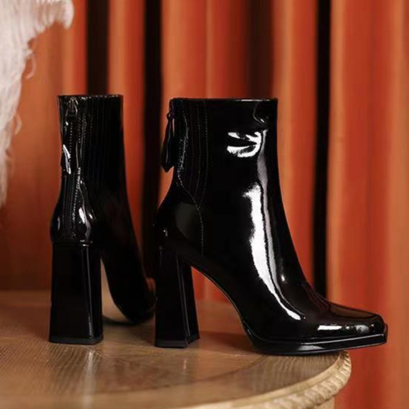 Cizme femei PU cu vârf pătrat Cizme cu toc gros femei 2022 iarna nou piele lacuita fermoar modă cizme culoare uni femei