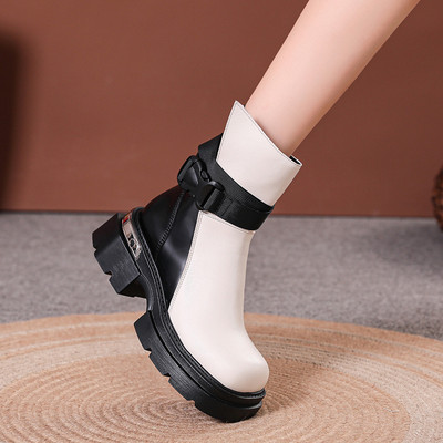 Γυναικεία μποτάκια με χοντρό τακούνι 2024 με ψηλή πλατφόρμα Botas PU με δερμάτινο φερμουάρ και φερμουάρ για γυναίκες