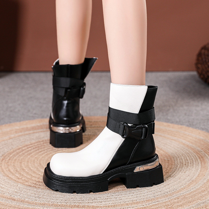 Γυναικεία μποτάκια με χοντρό τακούνι 2024 με ψηλή πλατφόρμα Botas PU με δερμάτινο φερμουάρ και φερμουάρ για γυναίκες