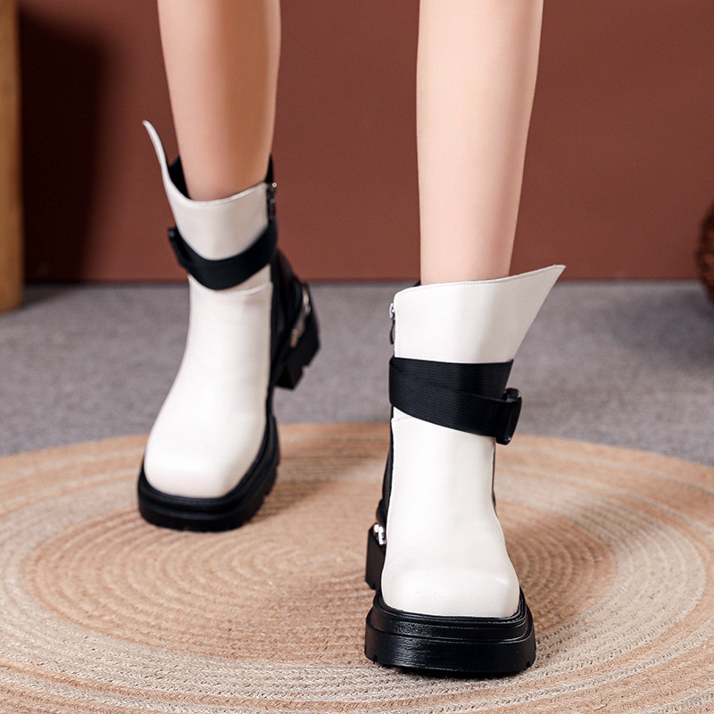 Γυναικεία μποτάκια με χοντρό τακούνι 2024 με ψηλή πλατφόρμα Botas PU με δερμάτινο φερμουάρ και φερμουάρ για γυναίκες