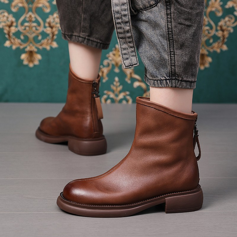 Naiste kingad Ehtsast nahast poolsaapad Paksud saapad ümmarguse varba tõmblukuga Naiste jalatsid 2023. aasta sügistalv soojas platvormsaapad