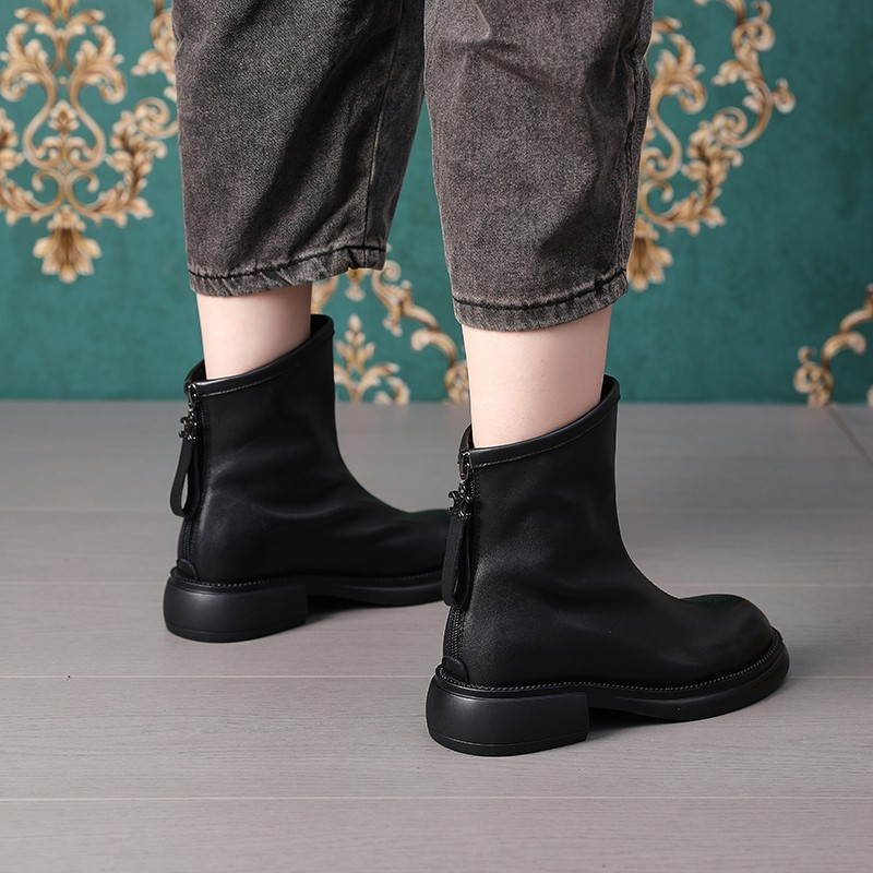 Naiste kingad Ehtsast nahast poolsaapad Paksud saapad ümmarguse varba tõmblukuga Naiste jalatsid 2023. aasta sügistalv soojas platvormsaapad