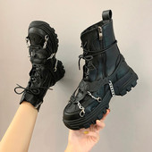 Cizme pentru femei Cizme de designer din piele pentru femei, cu toc mijlociu, cu siret Pantofi negri gotici, cu fermoar cu lanț sexy Botine de înaltă calitate.