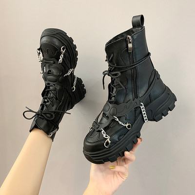 Cizme pentru femei Cizme de designer din piele pentru femei, cu toc mijlociu, cu siret Pantofi negri gotici, cu fermoar cu lanț sexy Botine de înaltă calitate.