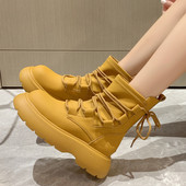 Πλατφόρμα Ankle Boots Γυναικεία μόδα με κορδόνια Επαγγελματικά παπούτσια για γυναίκες Δερμάτινα PU Mid Tube Γυναικείες μπότες με χαμηλό τακούνι Botas De Mujer