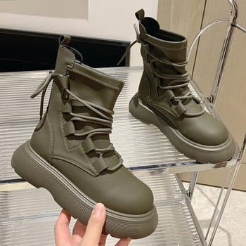 Πλατφόρμα Ankle Boots Γυναικεία μόδα με κορδόνια Επαγγελματικά παπούτσια για γυναίκες Δερμάτινα PU Mid Tube Γυναικείες μπότες με χαμηλό τακούνι Botas De Mujer