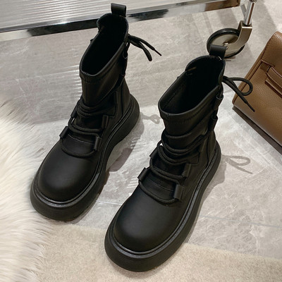 Πλατφόρμα Ankle Boots Γυναικεία μόδα με κορδόνια Επαγγελματικά παπούτσια για γυναίκες Δερμάτινα PU Mid Tube Γυναικείες μπότες με χαμηλό τακούνι Botas De Mujer