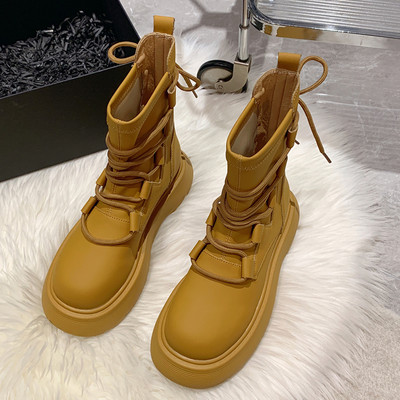 Πλατφόρμα Ankle Boots Γυναικεία μόδα με κορδόνια Επαγγελματικά παπούτσια για γυναίκες Δερμάτινα PU Mid Tube Γυναικείες μπότες με χαμηλό τακούνι Botas De Mujer