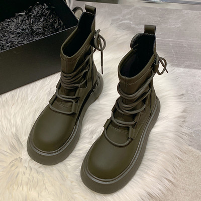 Πλατφόρμα Ankle Boots Γυναικεία μόδα με κορδόνια Επαγγελματικά παπούτσια για γυναίκες Δερμάτινα PU Mid Tube Γυναικείες μπότες με χαμηλό τακούνι Botas De Mujer