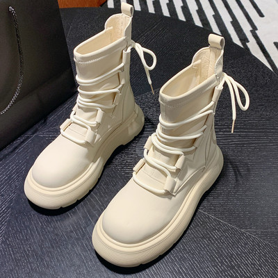 Πλατφόρμα Ankle Boots Γυναικεία μόδα με κορδόνια Επαγγελματικά παπούτσια για γυναίκες Δερμάτινα PU Mid Tube Γυναικείες μπότες με χαμηλό τακούνι Botas De Mujer