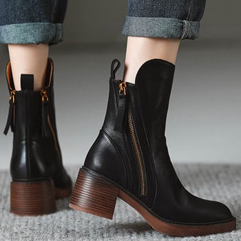 Chelsea Square Heel Platform Boots Γυναικείες 2023 Νέα Pu Δερμάτινα Σχέδιο Μπότες με φερμουάρ για Γυναικείες Μόδα Χονδρές Μπότες Αστραγάλου Botines