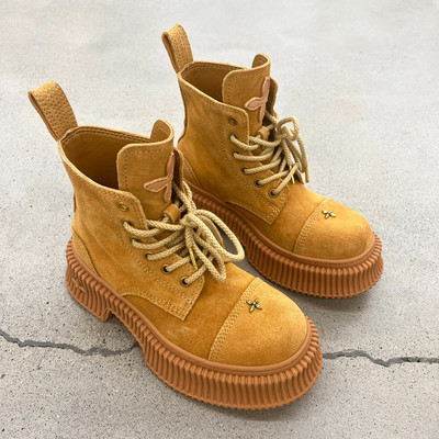 Κίτρινα χοντροκομμένα μποτάκια πλατφόρμας Γυναικείες ίνες δερμάτινες πολυτελείς γυναικείες μπότες με χοντρό ψηλό κάτω μέρος Ρετρό μποτάκια Botas