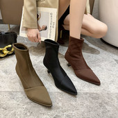 Πανί Ζεστά Γυναικείες Μπότες Chelsea Νέα μόδα 2022 Χειμώνας με φίνο τακούνι Ελαστική κάλτσα Μπότες casual Παπούτσια σουέτ με μυτερές μύτες Botas