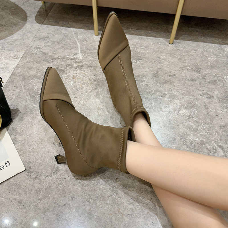 Πανί Ζεστά Γυναικείες Μπότες Chelsea Νέα μόδα 2022 Χειμώνας με φίνο τακούνι Ελαστική κάλτσα Μπότες casual Παπούτσια σουέτ με μυτερές μύτες Botas