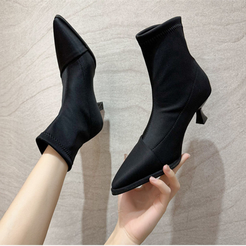 Πανί Ζεστά Γυναικείες Μπότες Chelsea Νέα μόδα 2022 Χειμώνας με φίνο τακούνι Ελαστική κάλτσα Μπότες casual Παπούτσια σουέτ με μυτερές μύτες Botas