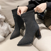 Νέα Χειμερινή Μόδα Μαύρα Stretch Υφασμάτινα Μποτάκια Αστραγάλου Σέξι Μυτερές casual μπότες στιλέτο για γυναίκες Γυναικείες κοντές μπότες από στρας
