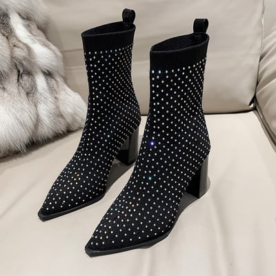 Νέα Χειμερινή Μόδα Μαύρα Stretch Υφασμάτινα Μποτάκια Αστραγάλου Σέξι Μυτερές casual μπότες στιλέτο για γυναίκες Γυναικείες κοντές μπότες από στρας
