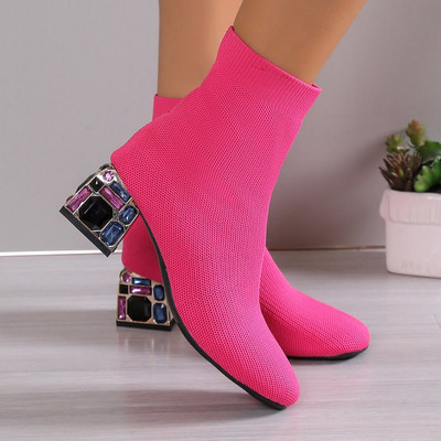 2023 Φθινοπωρινά σχεδιαστικά γόβες με στρας μπότες κάλτσες μόδας καυτές ροζ χονδρές ψηλοτάκουνες γόβες πλέξιμο με τετράγωνα δάχτυλα Strech μποτάκια