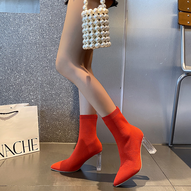 Seksika terava varbaga naiste kõrge kontsaga 2023. aasta uued läbipaistvad paksu kontsaga naiste elastsed saapad, suur 43 elegantsed pulmakingad