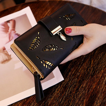 Модно портмоне от PU кожа Дамски дълъг портфейл Дамска чанта със златни кухи листа Дамска чанта за дамско портмоне за монети Държачи на карти Клъч