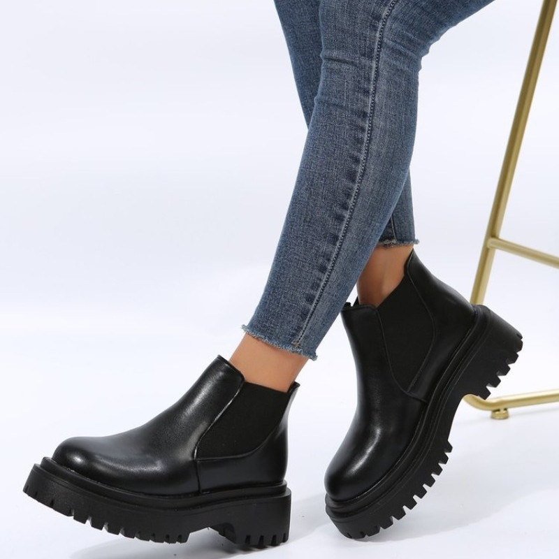 2023. aasta poolsaapad, platvorm, naiste lehmanahast Chelsea saapad, ümmarguse ninaga elastne riba, paksu tallaga naiste kingad