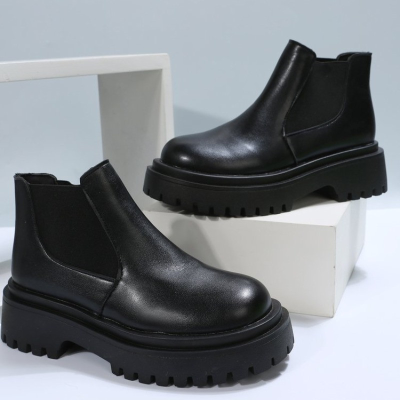 2023. aasta poolsaapad, platvorm, naiste lehmanahast Chelsea saapad, ümmarguse ninaga elastne riba, paksu tallaga naiste kingad