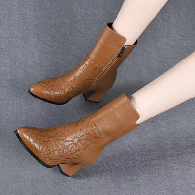 Talvise terava varbaga naiste papud naiste sügise lukuga PU-nahast kingad, pruunid mood 6 cm kõrged kandilised kontsad, naiste poolsaapad