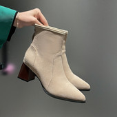 Kevad/sügis naiste saapad, terava ninaga turske kontsaga seemisnahast naiste kingad kontsa kõrgus Retro soliidsed lühikesed naiste saapad