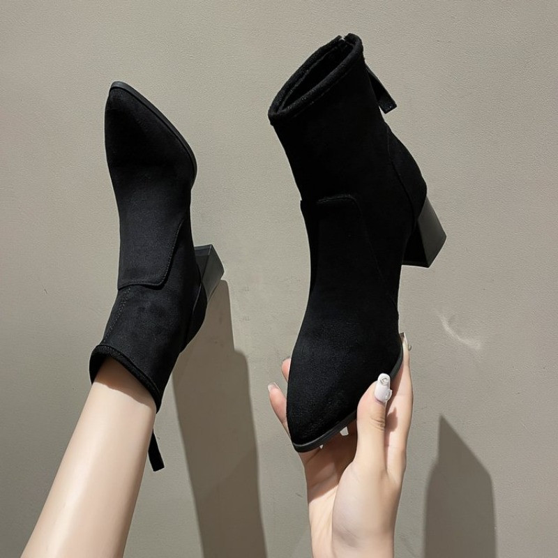 Kevad/sügis naiste saapad, terava ninaga turske kontsaga seemisnahast naiste kingad kontsa kõrgus Retro soliidsed lühikesed naiste saapad