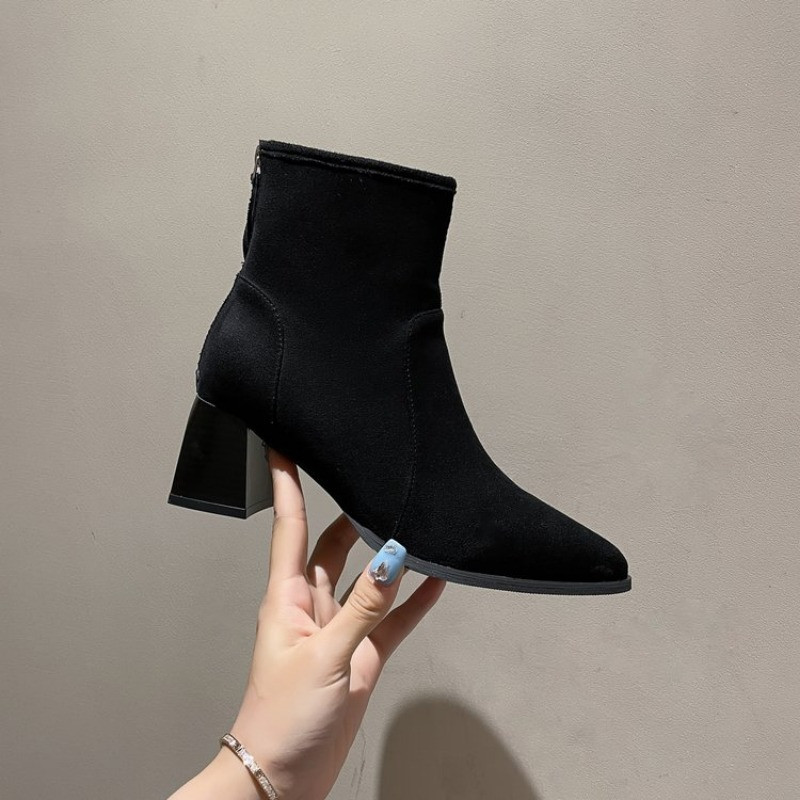 Kevad/sügis naiste saapad, terava ninaga turske kontsaga seemisnahast naiste kingad kontsa kõrgus Retro soliidsed lühikesed naiste saapad