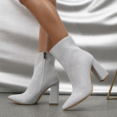Botine cu paiete cu sclipici argintiu de modă pentru femei, sexy, cu fermoar, toamnă, iarnă, cu tocuri înalte, pantofi de bal de petrecere.