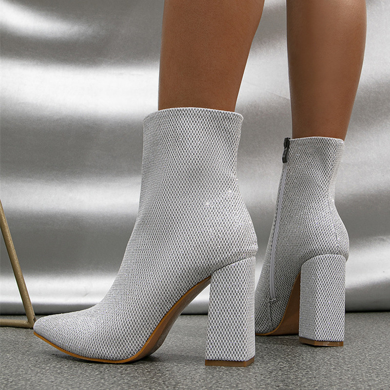 Botine cu paiete cu sclipici argintiu de modă pentru femei, sexy, cu fermoar, toamnă, iarnă, cu tocuri înalte, pantofi de bal de petrecere.