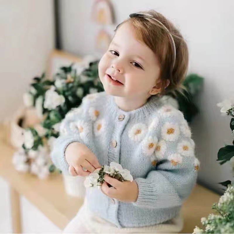Little maven 2023 Dievčenský sveter, krásny svetlomodrý ležérny odev, jesenný detský kardigan, pekný kabát pre deti 2-7 rokov