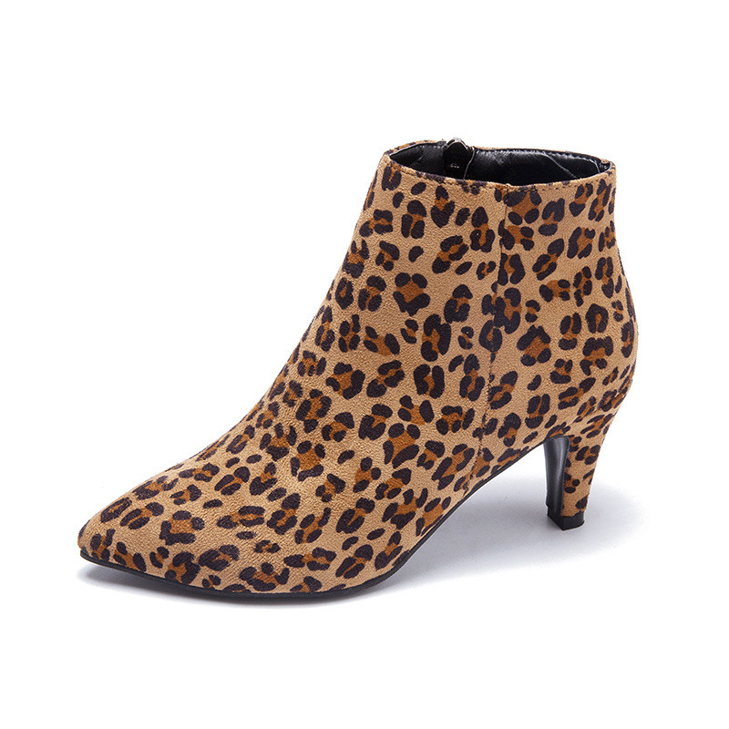 Jesen 2023. Gležnjače s visokom potpeticom Velike veličine Leopard ženske čizme Retro Ženske cipele sa šiljcima Čizme s patentnim zatvaračem sa strane Botas De Mujer