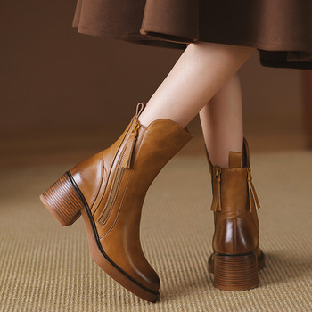 Нови есенно-зимни дамски обувки Кожени къси дамски ботуши Ботуши с масивен ток с кръгли пръсти Боти до глезена с цип Дамски ток на платформа