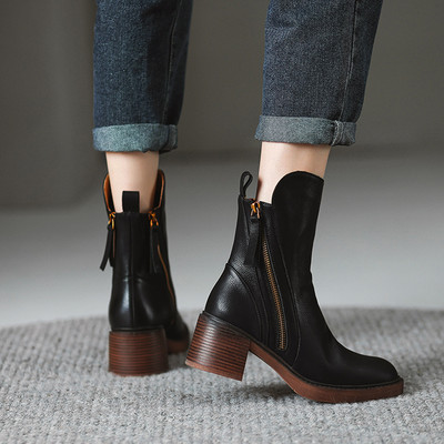 Noi pantofi de toamnă iarnă pentru femei Cizme scurte din piele pentru femei Cizme cu toc gros cu vârf rotund Botine cu fermoar cu toc cu platformă pentru femei