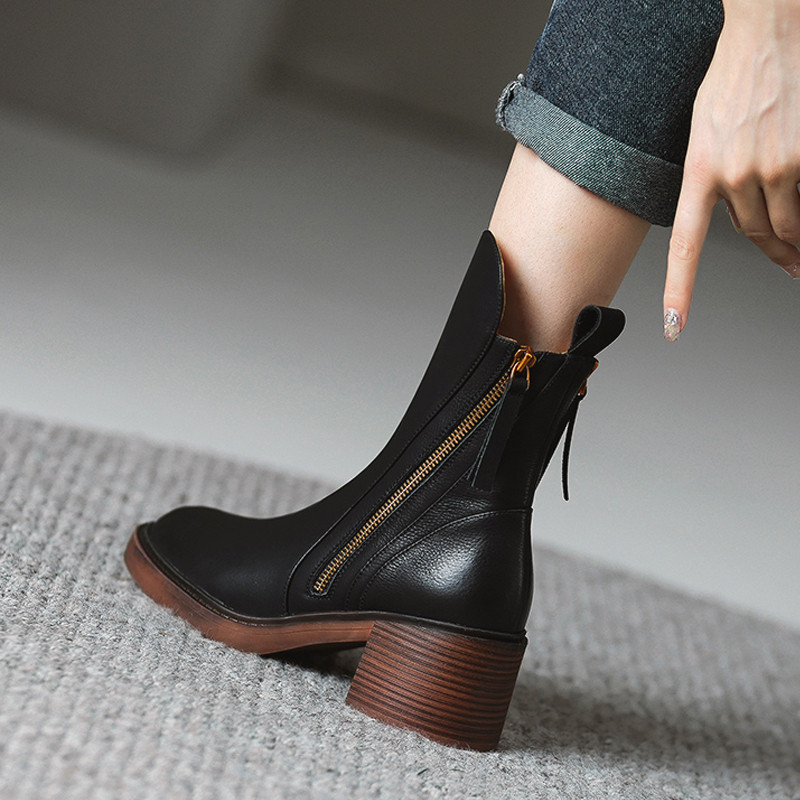 Noi pantofi de toamnă iarnă pentru femei Cizme scurte din piele pentru femei Cizme cu toc gros cu vârf rotund Botine cu fermoar cu toc cu platformă pentru femei