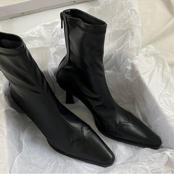 Черни дамски боти до глезена Дамски тънки модни обувки с висок ток Зимни дамски обувки с цип с квадратни пръсти Кожени кафяви къси ботуши