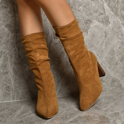 2023. Zimske ženske čizme do sredine teleta, modne preklopne debele pete, zapadnjačke čizme, seksi čizme na navlačenje za ženske cipele