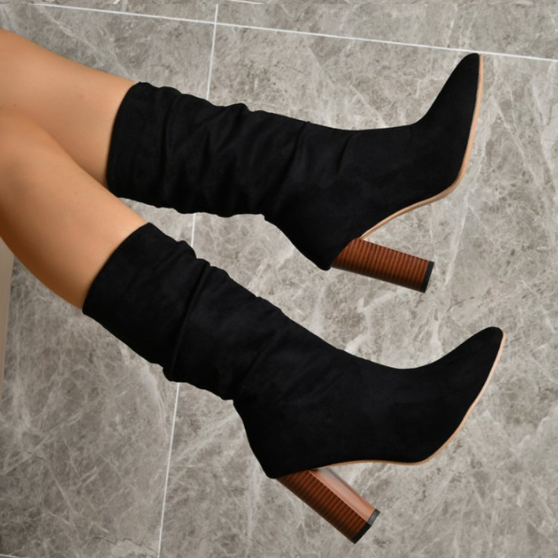 2023 Winter Mid Calf Γυναικείες μπότες Μόδας Διπλώστε χοντρά τακούνια με μυτερή μύτη Δυτικές μπότες Sexy Slip on Boots για γυναικεία παπούτσια