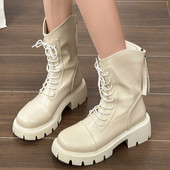 Νέα γυναικεία δερμάτινα μποτάκια Pu 2023 Φθινοπωρινά Αντιολισθητικά Γυναικεία Μπότες Μοτοσικλέτας Μόδα Πλάτη Πλατφόρμα Πλατφόρμα Μποτάκια Γυναικεία παπούτσια