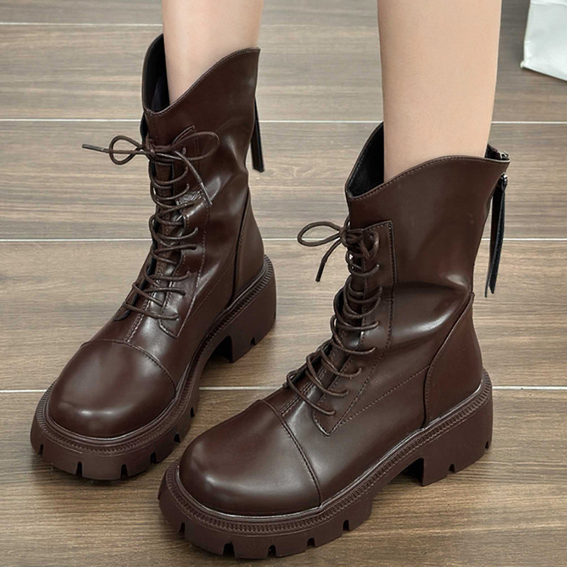 Νέα γυναικεία δερμάτινα μποτάκια Pu 2023 Φθινοπωρινά Αντιολισθητικά Γυναικεία Μπότες Μοτοσικλέτας Μόδα Πλάτη Πλατφόρμα Πλατφόρμα Μποτάκια Γυναικεία παπούτσια