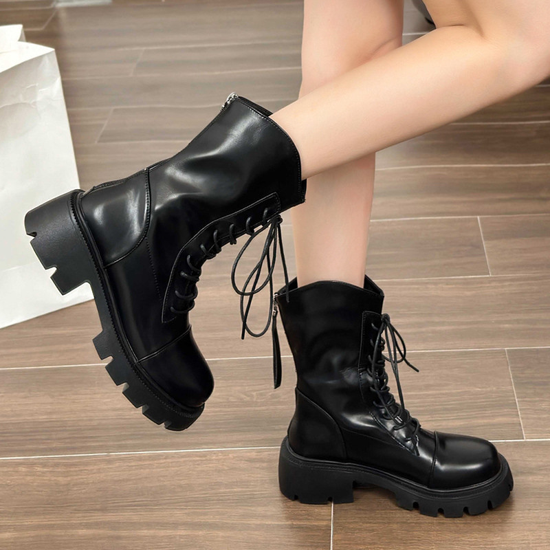 Νέα γυναικεία δερμάτινα μποτάκια Pu 2023 Φθινοπωρινά Αντιολισθητικά Γυναικεία Μπότες Μοτοσικλέτας Μόδα Πλάτη Πλατφόρμα Πλατφόρμα Μποτάκια Γυναικεία παπούτσια