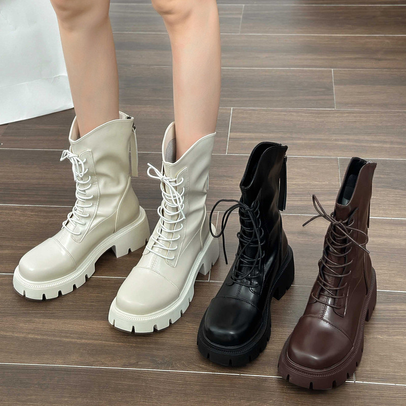 Νέα γυναικεία δερμάτινα μποτάκια Pu 2023 Φθινοπωρινά Αντιολισθητικά Γυναικεία Μπότες Μοτοσικλέτας Μόδα Πλάτη Πλατφόρμα Πλατφόρμα Μποτάκια Γυναικεία παπούτσια
