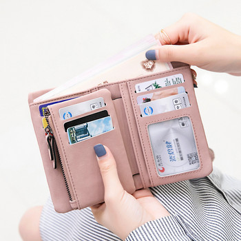 Πολυλειτουργικό κοντό πορτοφόλι διπλωμένο γυναικεία πορτοφόλια Δερμάτινο πορτοφόλι Nubuck με φερμουάρ και λουράκι καρπού Γυναικεία Carteira Feminina