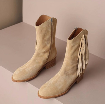 2023 г. Дамски дамски каубойски ресни с пискюли Дамски ботуши на глезена с матирани квадратни токчета Дамски обувки Cowgirl