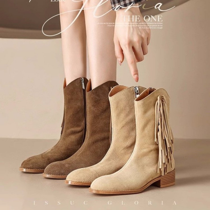 2023. aasta naiste karja tuti narmastega Western Cowboy poolsaapad, matt kandilised kontsad Cowgirl naistekingad