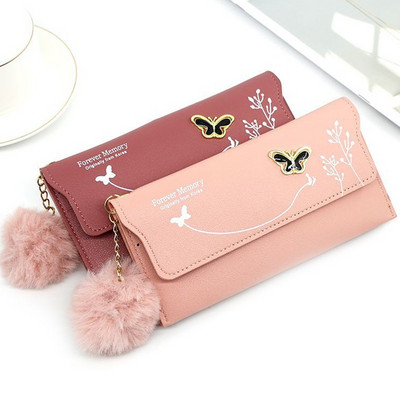 Butterfly Designer női hosszú pénztárcák PU bőr pénzes táska tömör gyapjú golyós masni kuplungtáska nagy kapacitású kártyatáska érme pénztárca