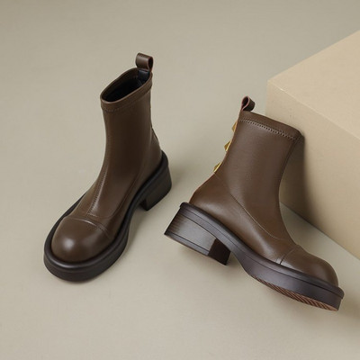 2023 NOI Cizme de bază pentru femei, casual, concise, din piele, cu vârf rotund, cu tocuri groase, pantofi de lucru, toamnă, iarnă, cizme De Mujer